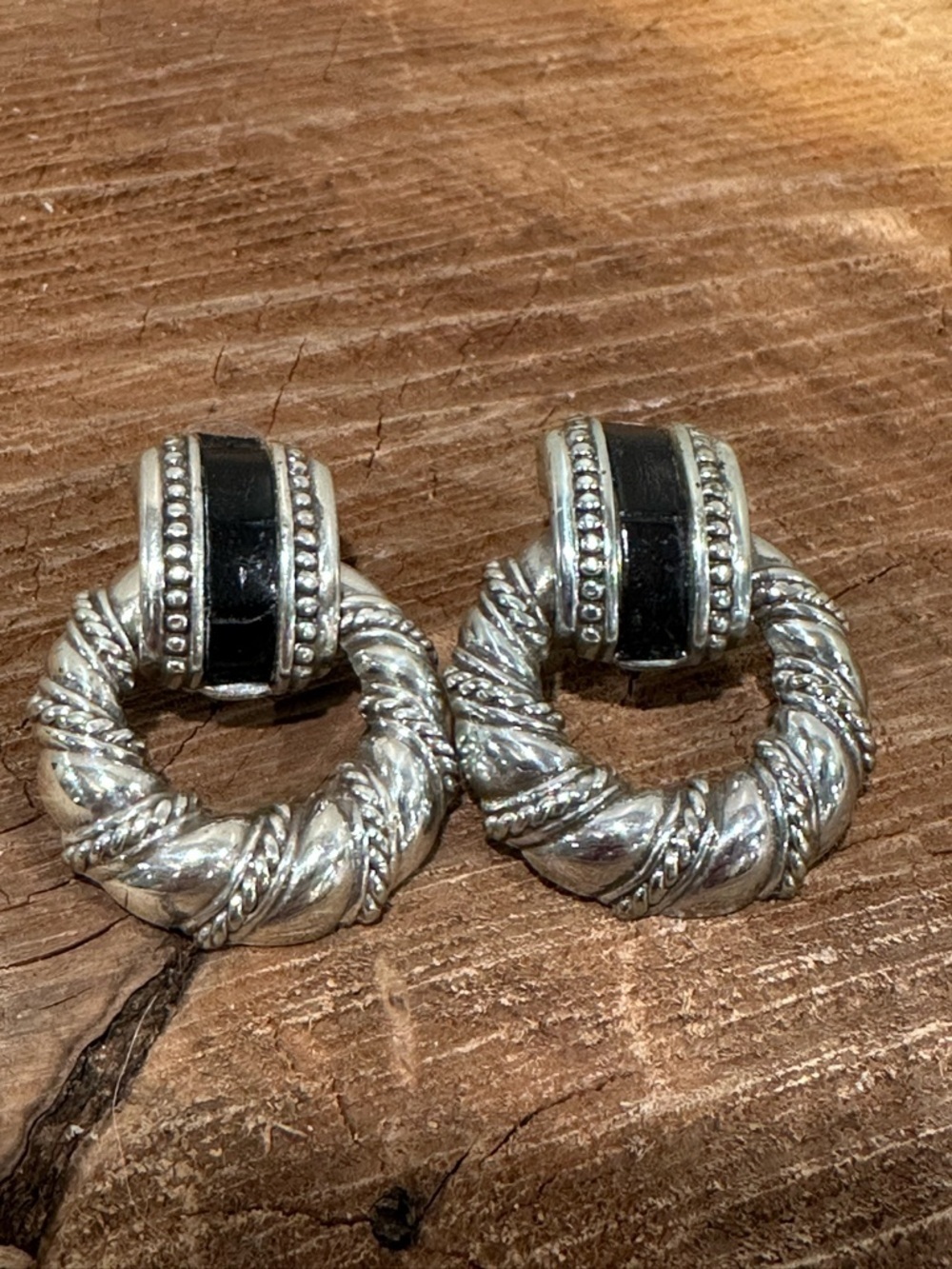 Brighton - Silver-Tone Twisted Hoop Earrings with Black Inlay